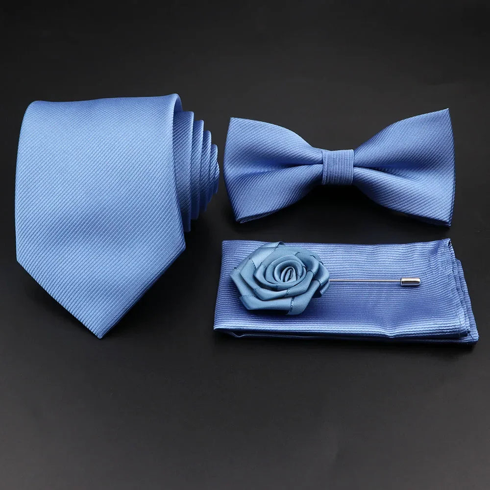Polyester Slim Striped Tie Set With Bow Tie And Cufflinks For Groom