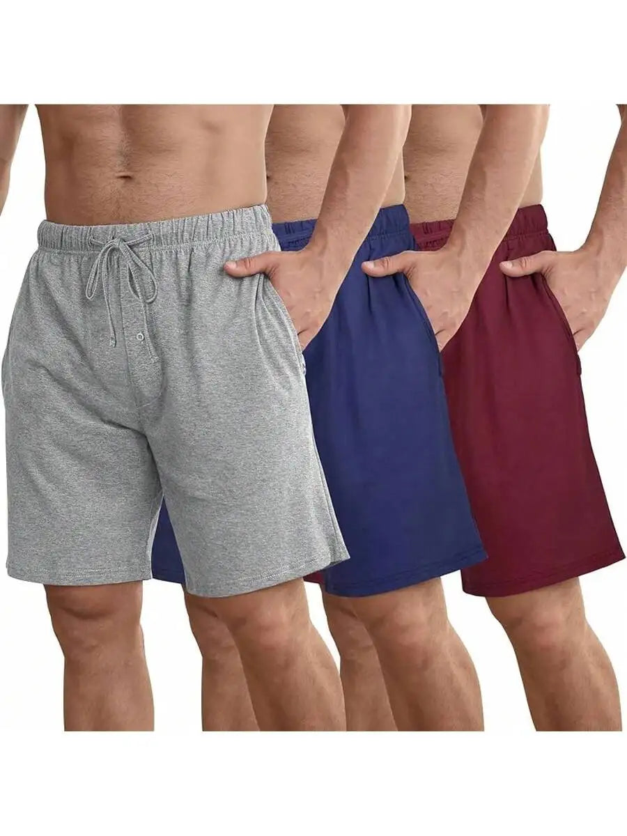 Mens Cotton Pajama Shorts 3-Pack Soft Sleepwear With Pockets