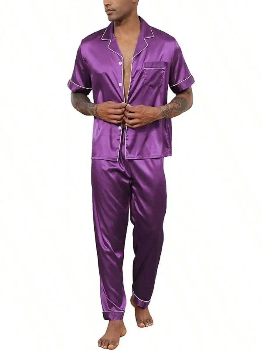 Mens Silk Satin Pajama Set Short Sleeve Button Down Loungewear
