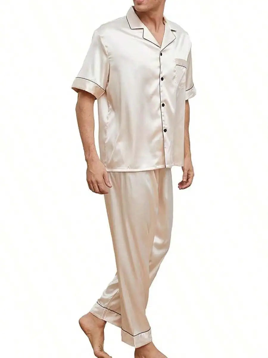 Mens Silk Satin Pajama Set Short Sleeve Button Down Loungewear