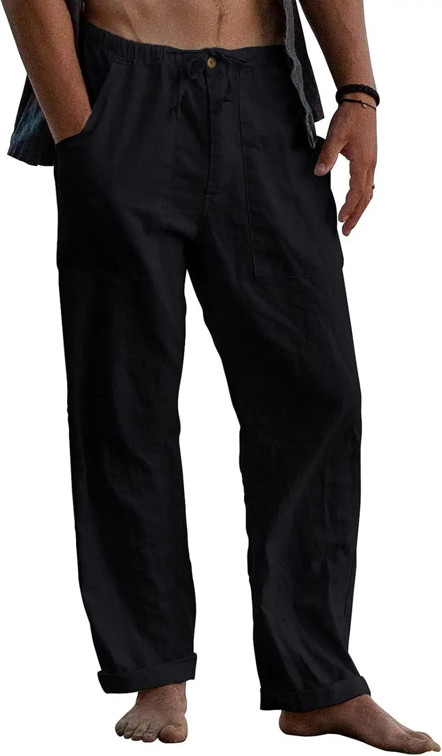 Mens Linen Pants Elastic Waist Drawstring Casual Beach Trousers With Pockets