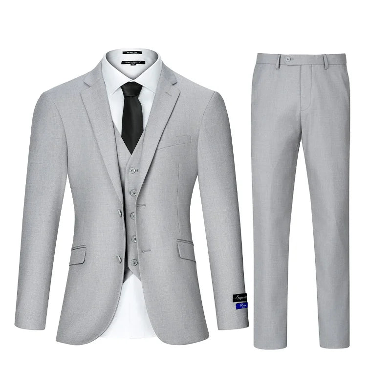 Mens Three Piece Solid Suit Set Regular Fit Button Details