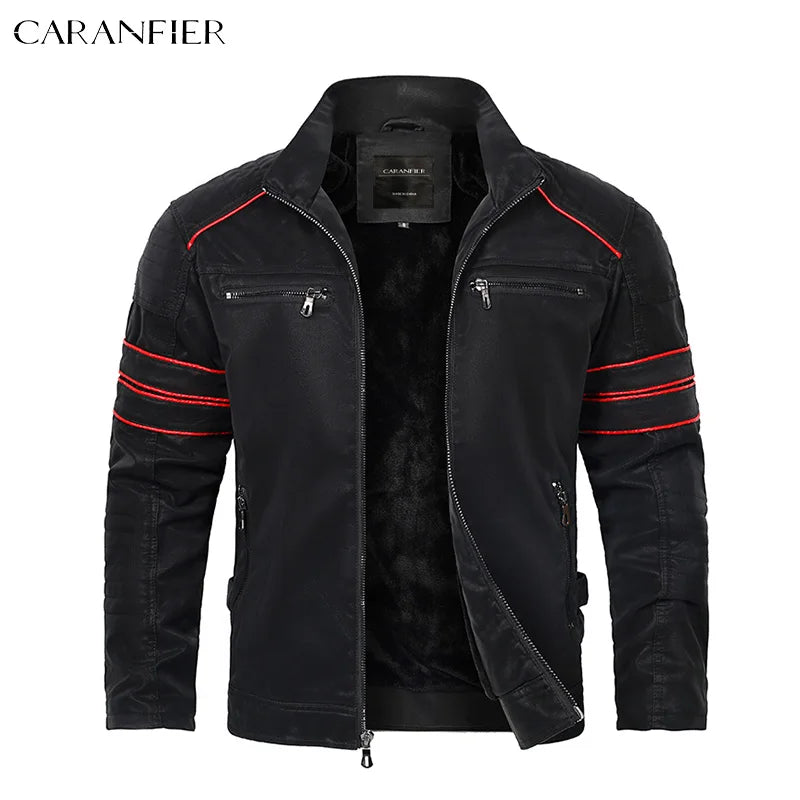 Caranfier Mens Leather Jacket Motorcycle Biker Coat