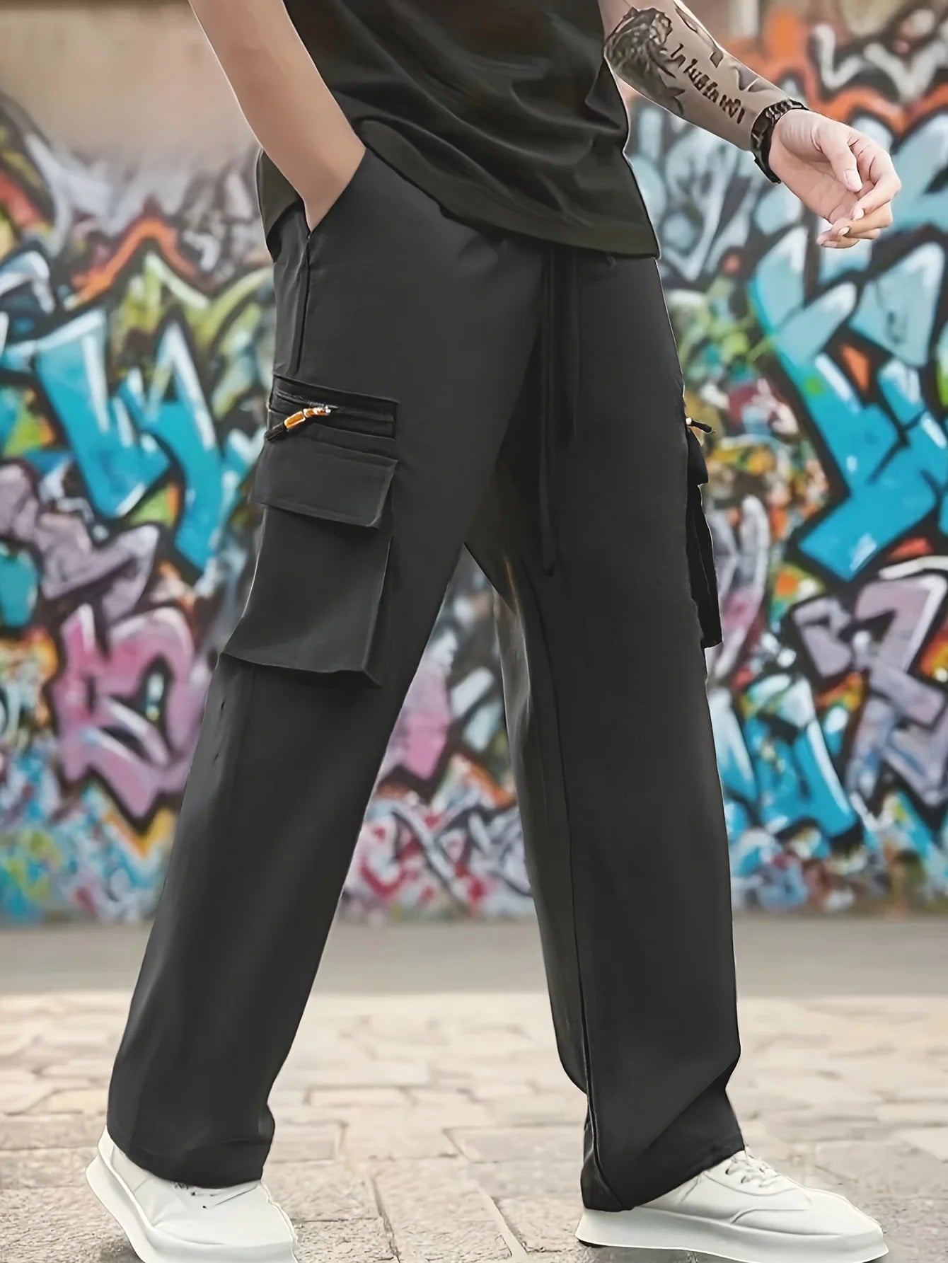 6 pieces of men's regular outdoor pants, work pants, fashionable pants and sports pants, multi pocket drawstring elastic waist, casual pants