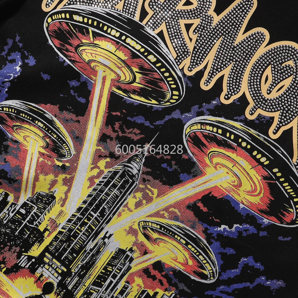 New Y2K HARMONY hotfix rhinestone logo T-shirts 100% cotton Men Women Pure Cotton American Retro Black Oversized T Shirt Street trendy T-shirt