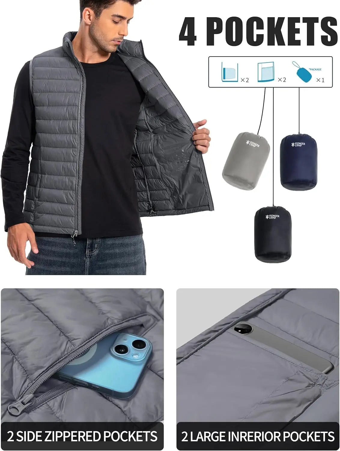 Pioneer Camp Men's Lightweight Packable Water Repellent Puffer Vest