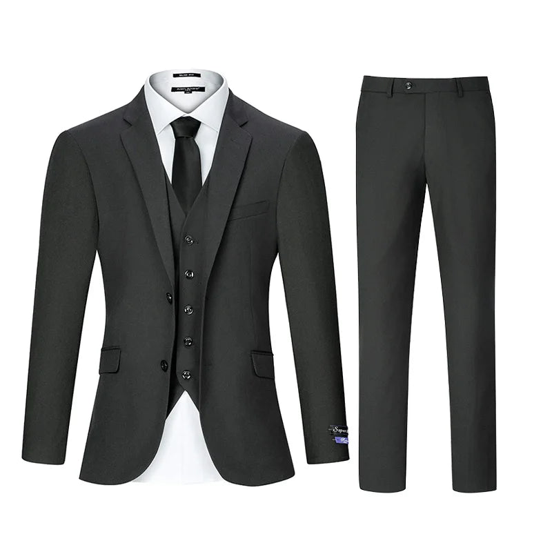 Mens Three Piece Solid Suit Set Regular Fit Button Details