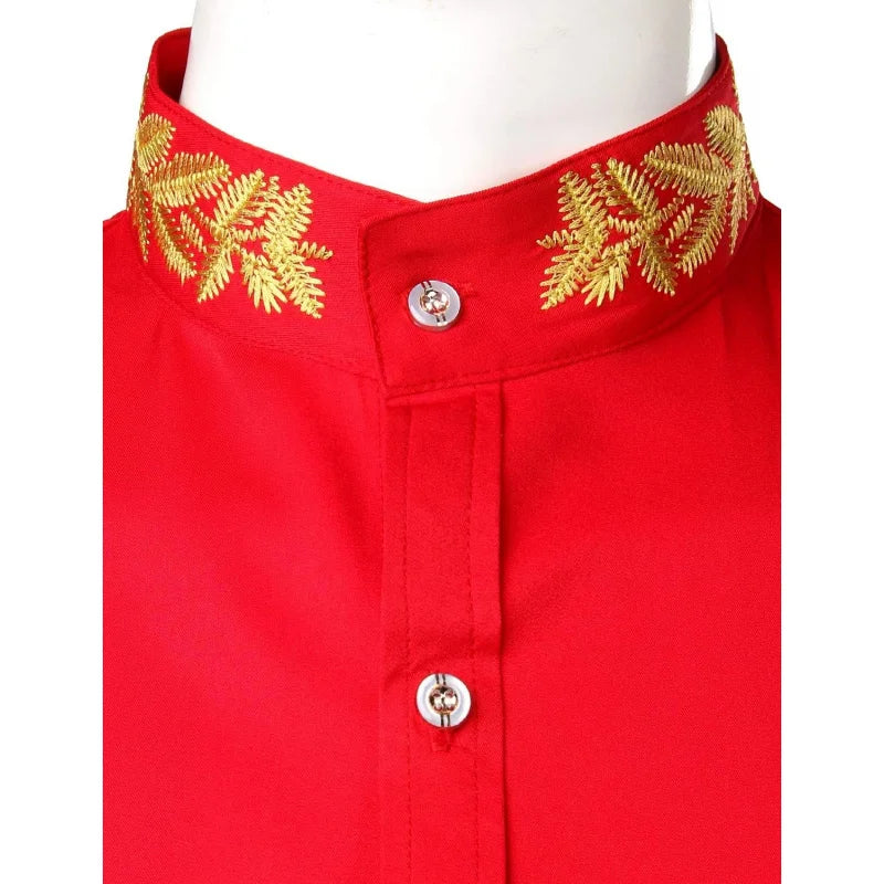 Mens Embroidery Mandarin Collar Slim Fit Long Sleeve Dress Shirt