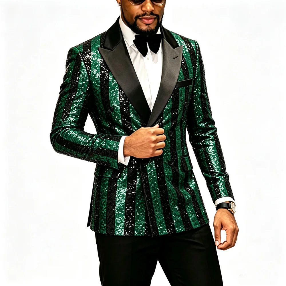 Men's Striped Sequin Double Breasted Tuxedo Suit Jacket And Pants