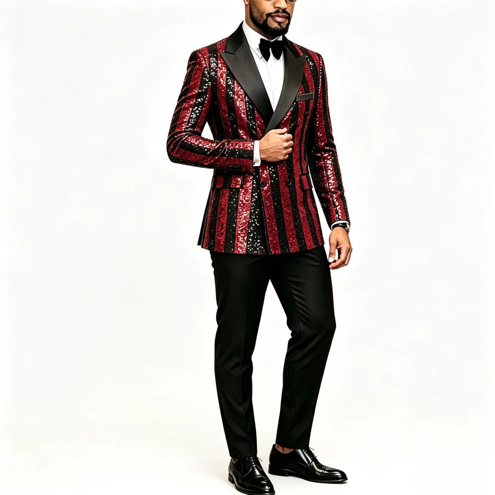 Men's Striped Sequin Double Breasted Tuxedo Suit Jacket And Pants