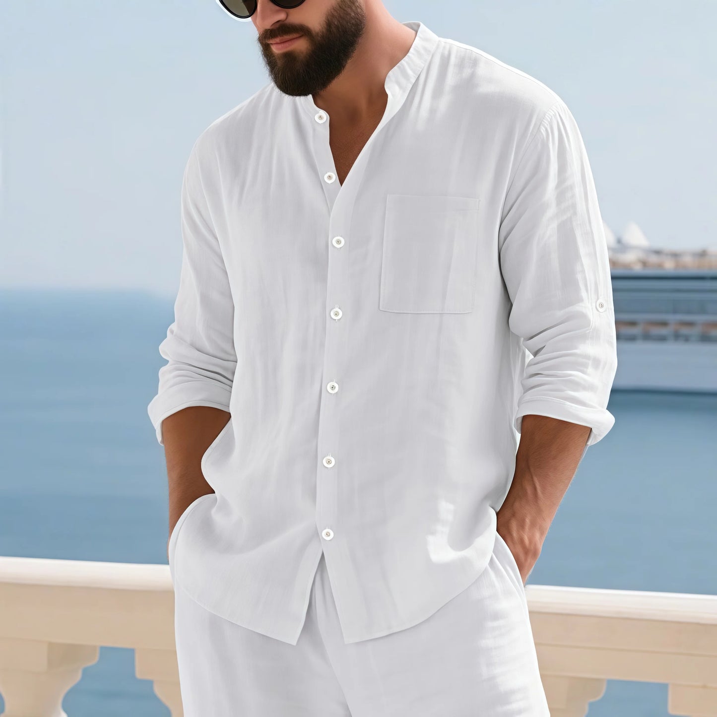 Mens Linen Button Down Shirt With Mandarin Collar Chest Pocket