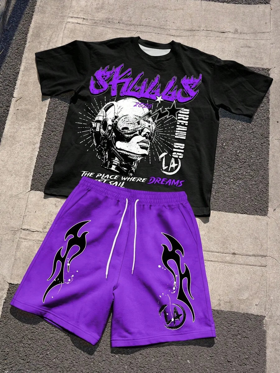 Mens Graphic Print Short Sleeve T Shirt Drawstring Shorts Set
