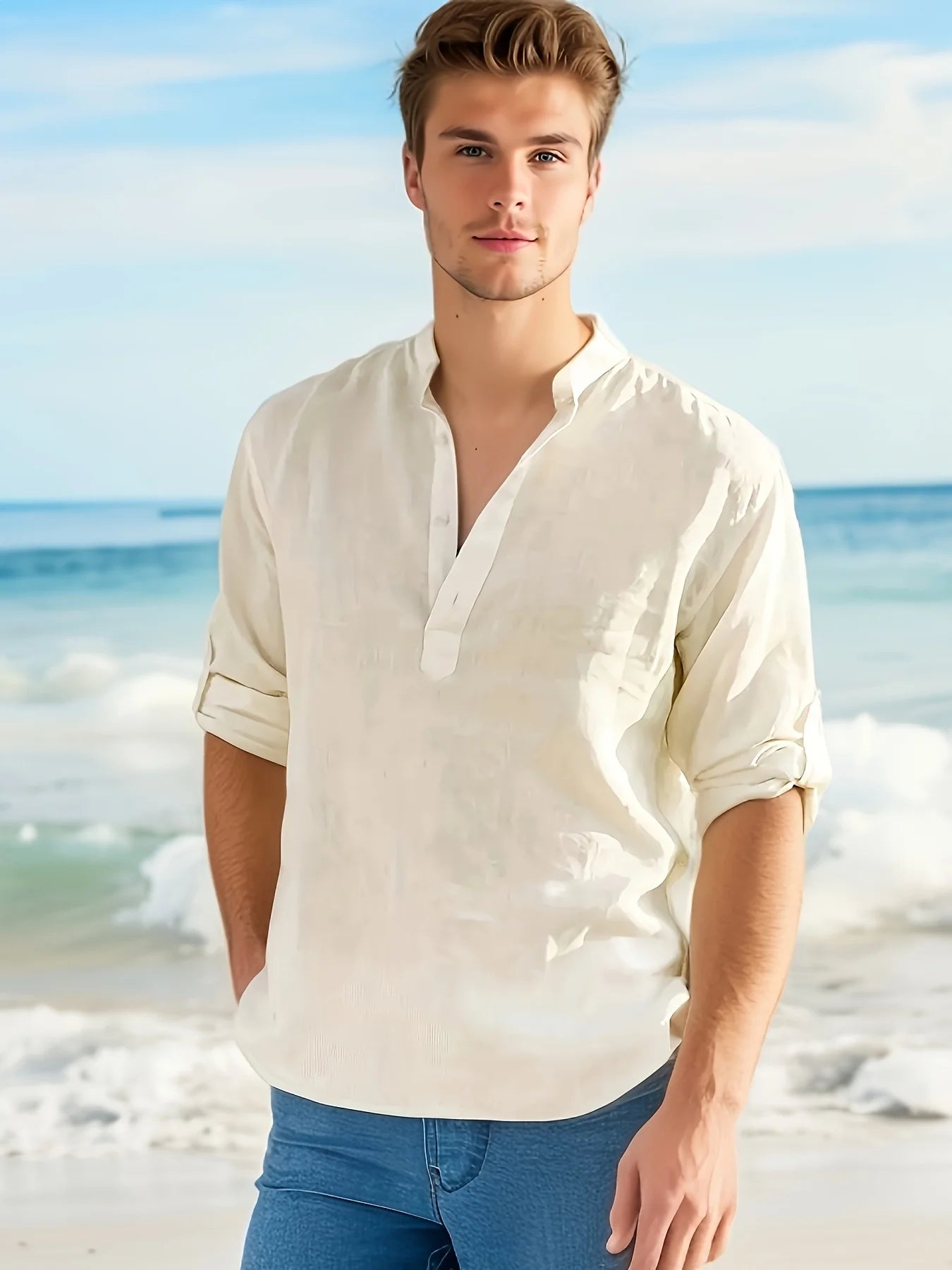Mens Linen Stand Collar Long Sleeve Shirt Loose Fit Cotton Linen Blend