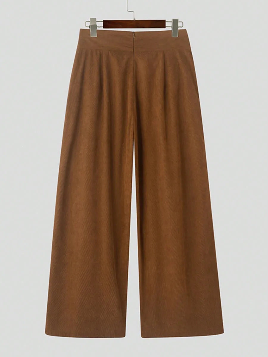 Men High Waist Pleated Wide Leg Palazzo Trousers Casual Loose Long Pants