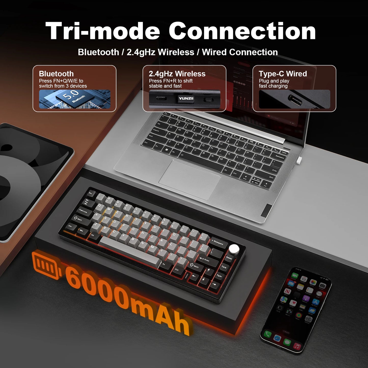 YUNZII AL68 Wireless Custom Mechanical Keyboard QMK VIA Knob