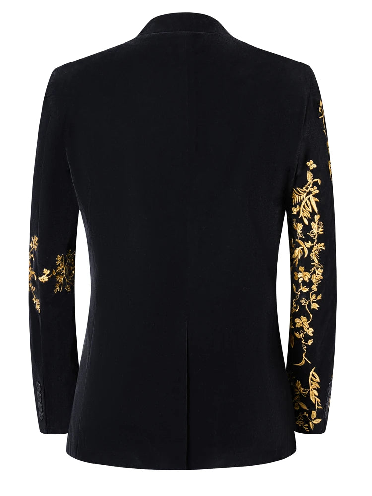 Men's Velvet Blazer With Gold Floral Embroidery Slim Fit Jacket