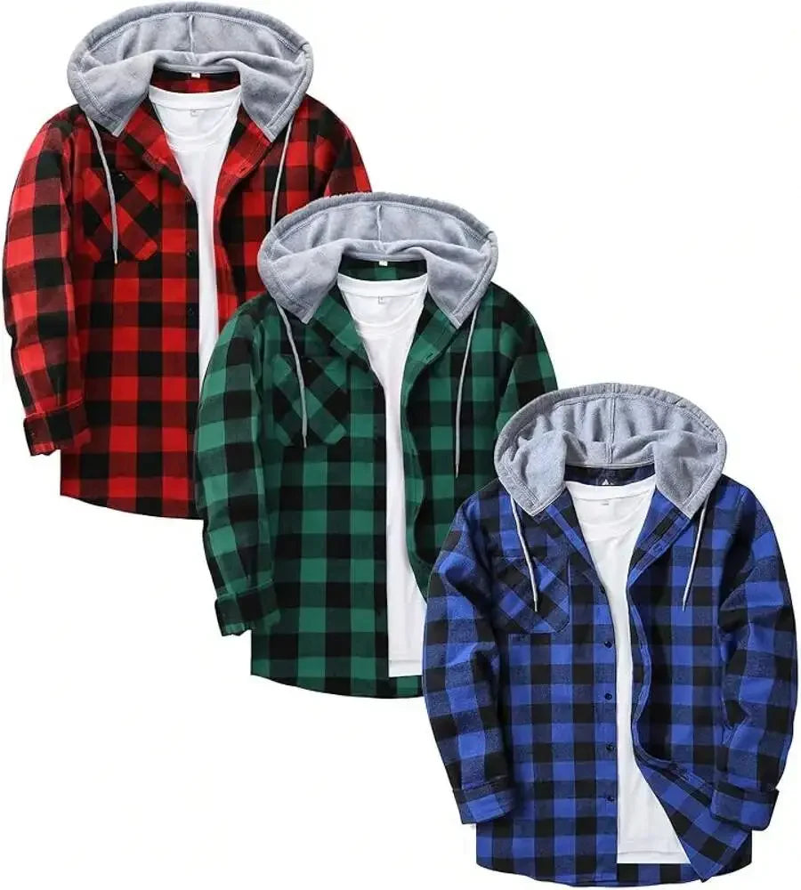 3 Pack Mens Flannel Hooded Shirt Jacket Plaid With Pocket