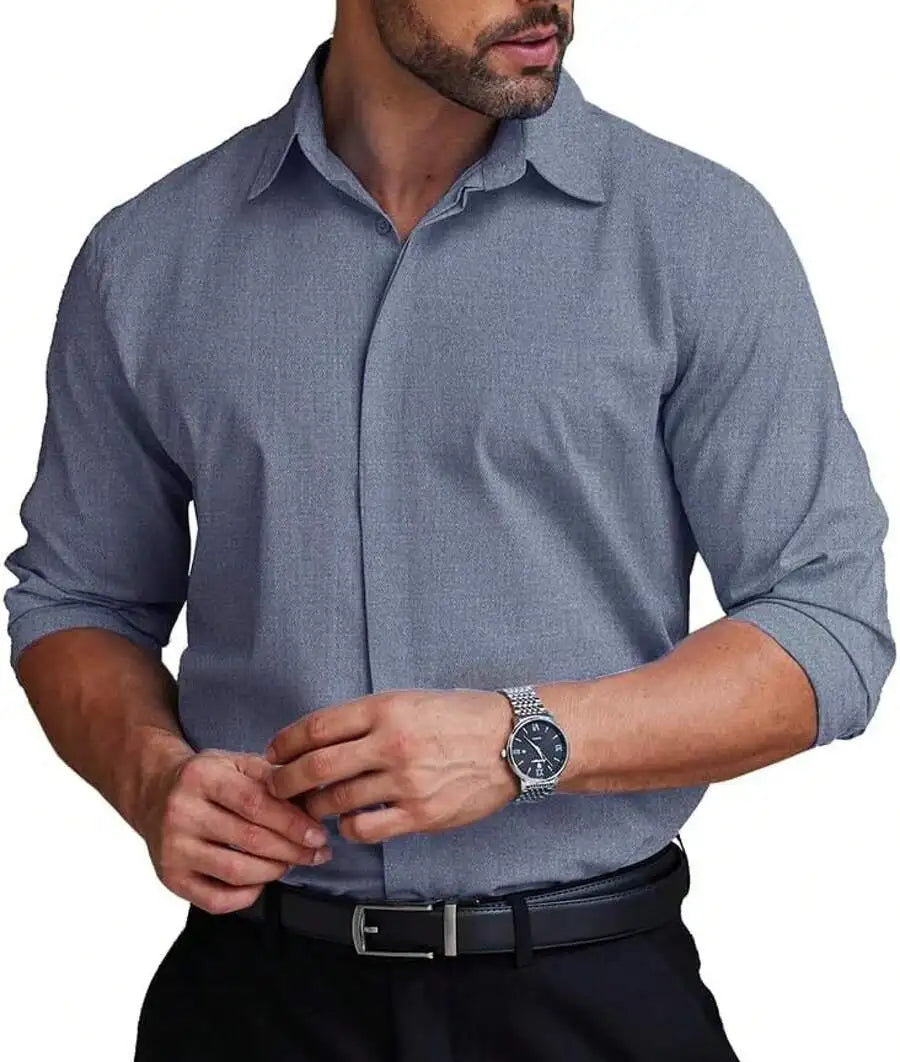 Mens Formal Dress Shirt Hidden Button Front Wrinkle Free Stretch Regular Fit