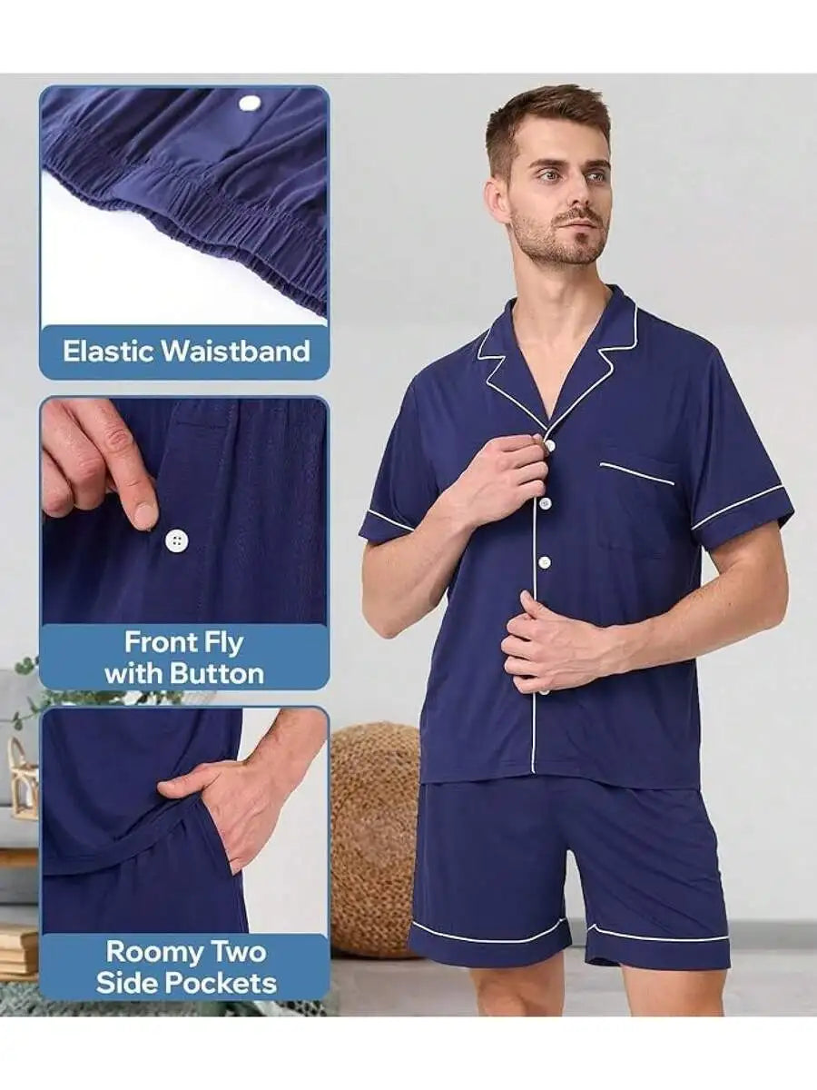 Men's Pajama Set Short Sleeve Button Down Shirt With Pocket Elastic Waist Shorts