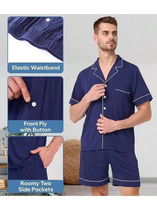 Men's Pajama Set Short Sleeve Button Down Shirt With Pocket Elastic Waist Shorts