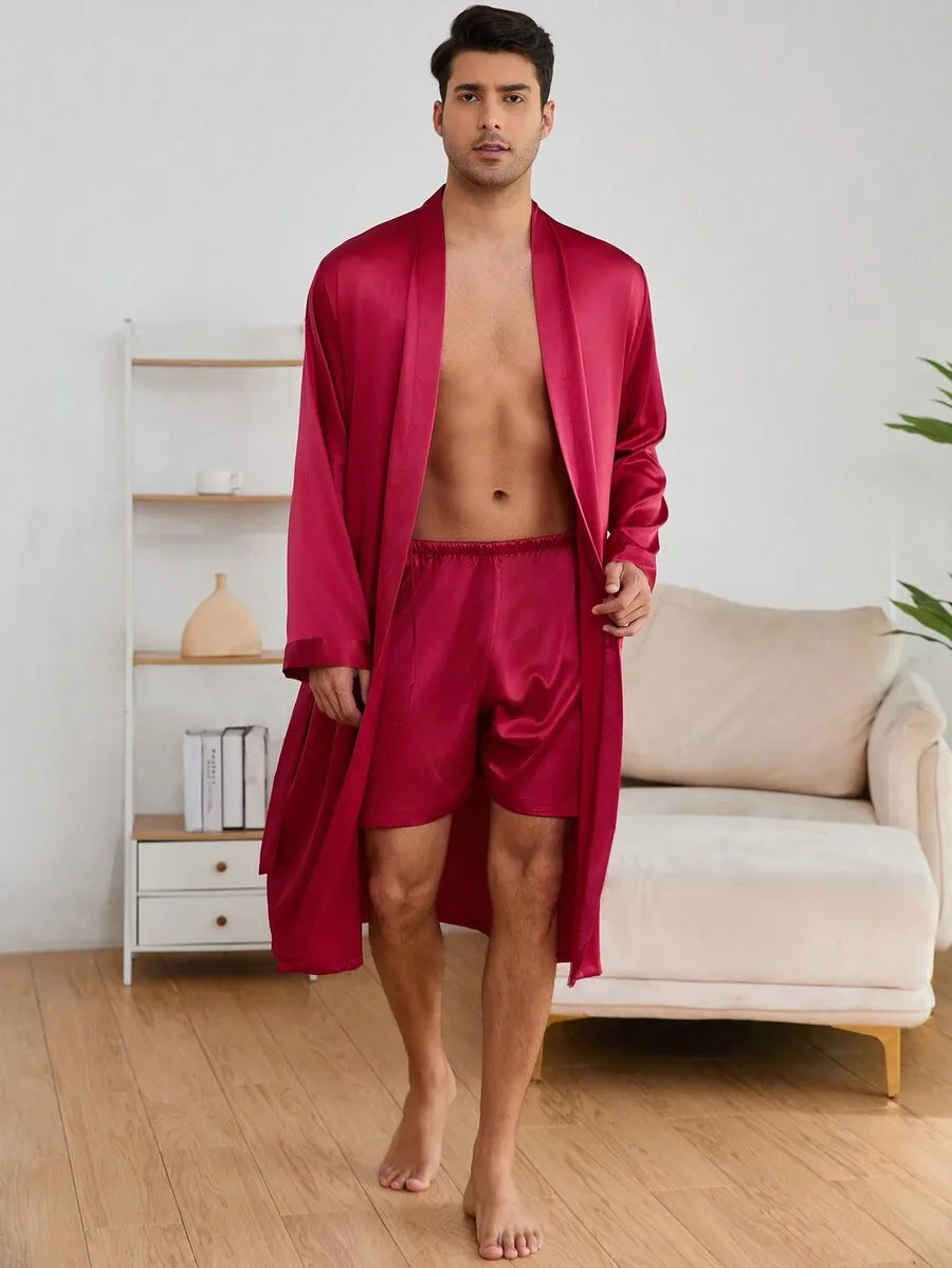 Mens Solid Color Satin Bathrobe With Matching Shorts Set
