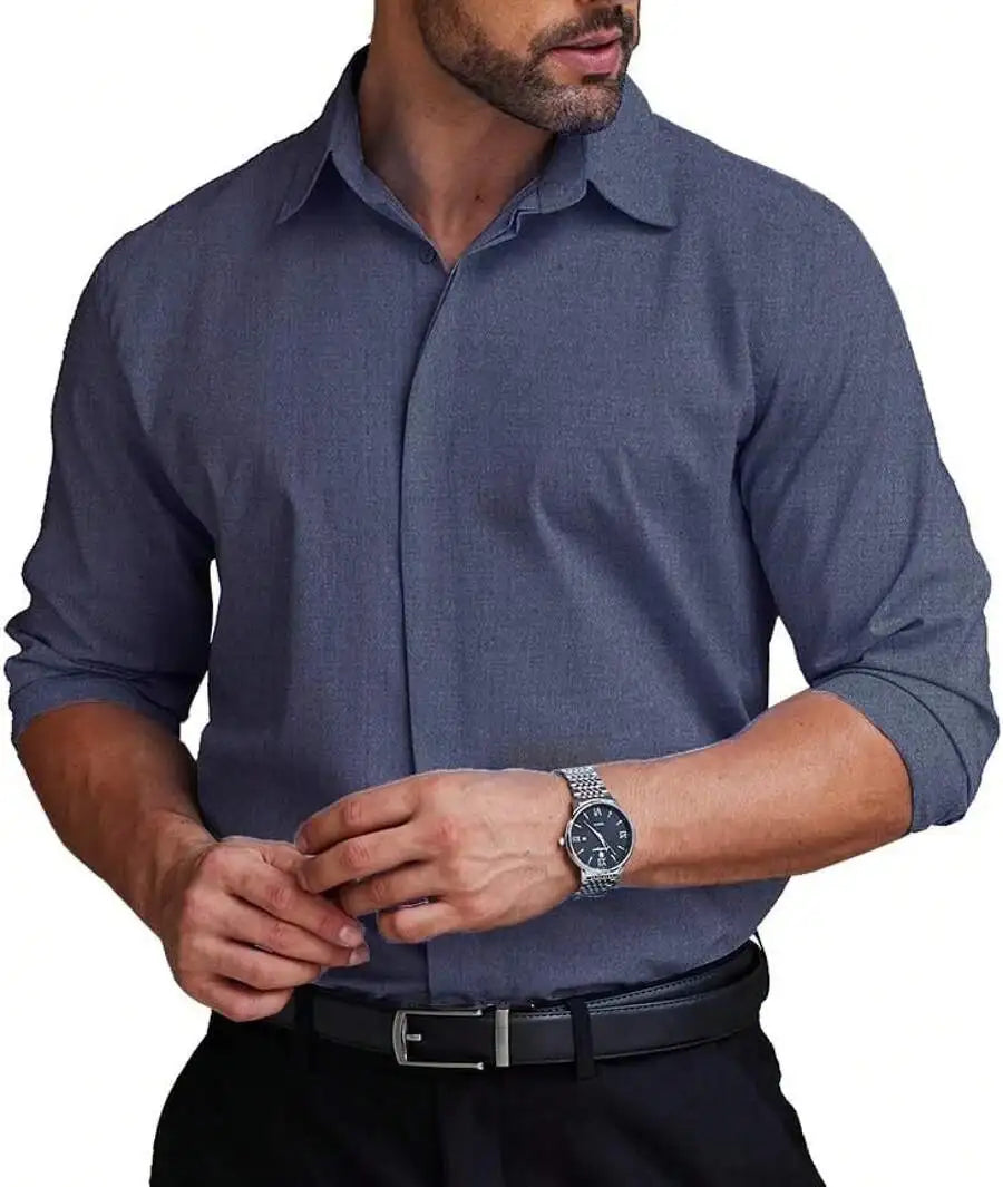 Mens Formal Dress Shirt Hidden Button Front Wrinkle Free Stretch Regular Fit