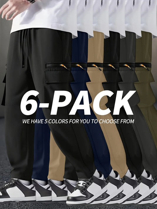 6 pieces of men's regular outdoor pants, work pants, fashionable pants and sports pants, multi pocket drawstring elastic waist, casual pants