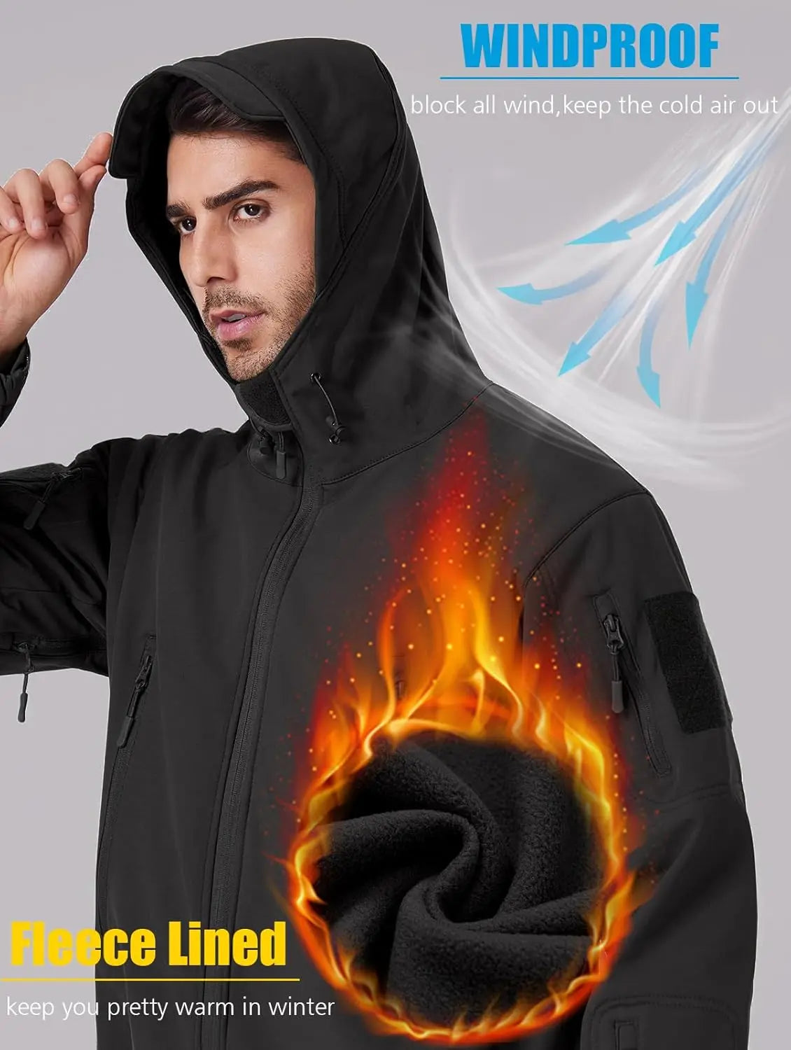 Men's Military Tactical Softshell Jacket With Fleece Hooded Coat