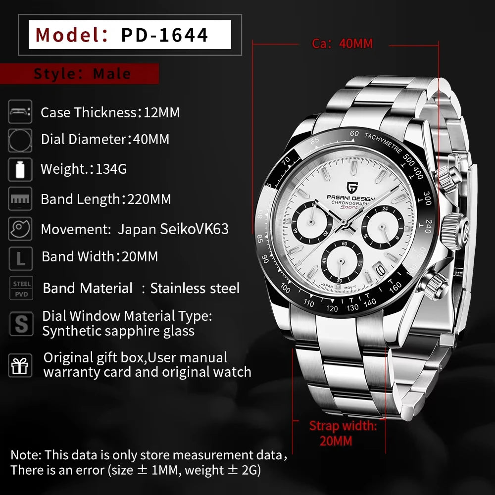 PAGANI DESIGN PD1644 Men's Quartz Chronograph Watch Sapphire Glass