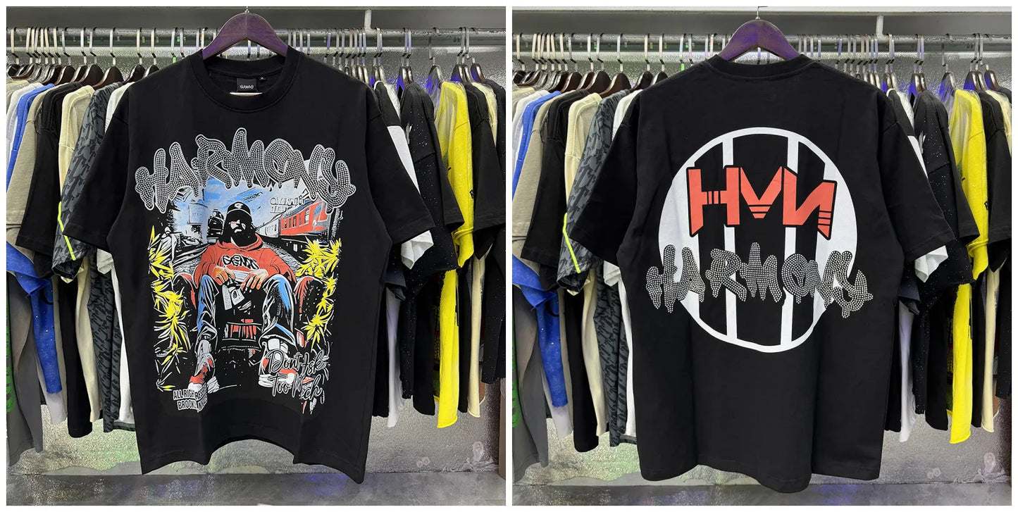 New Y2K HARMONY hotfix rhinestone logo T-shirts 100% cotton Men Women Pure Cotton American Retro Black Oversized T Shirt Street trendy T-shirt