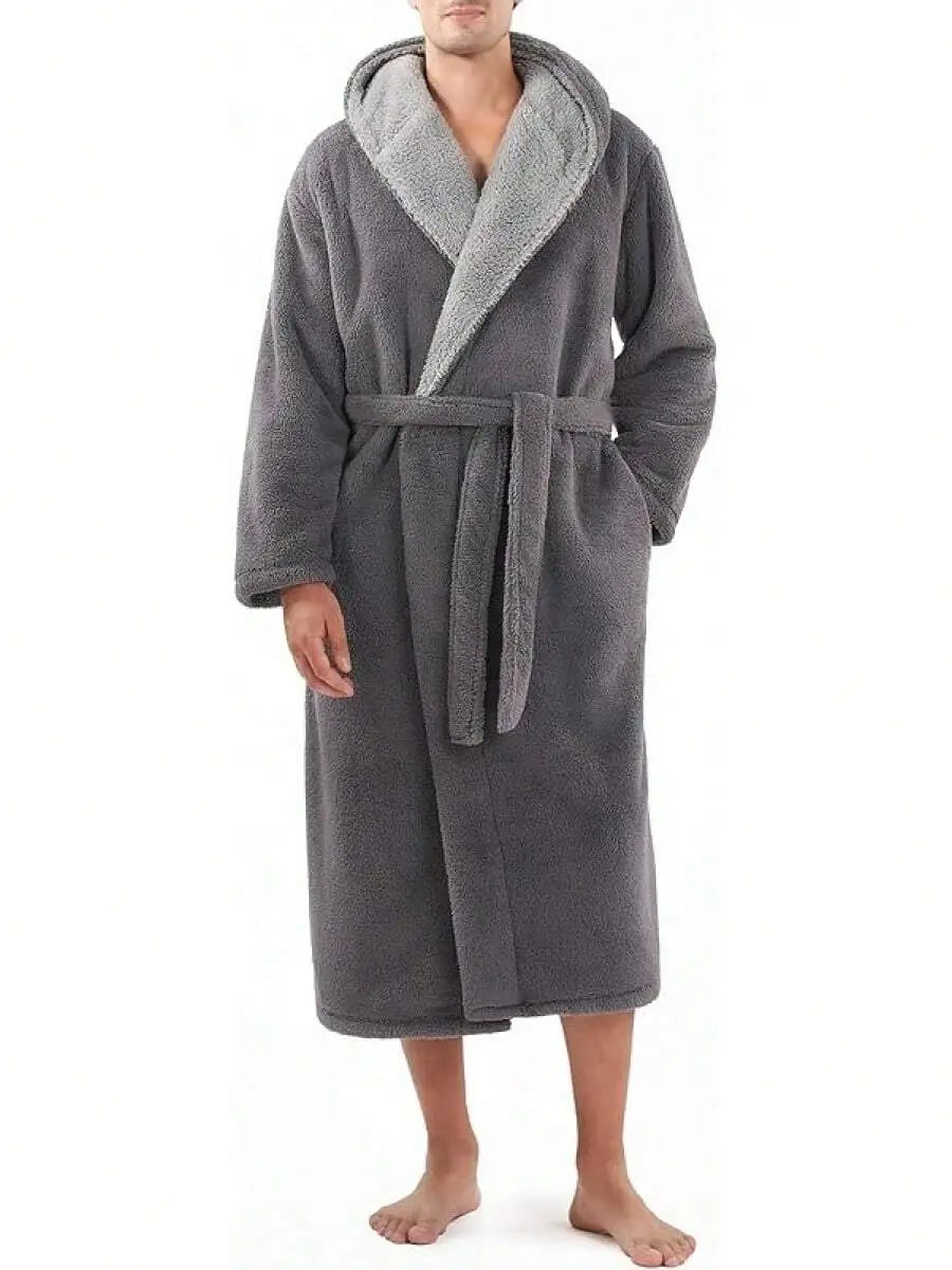 Mens Soft Fleece Plush Full Length Bathrobe With Hood