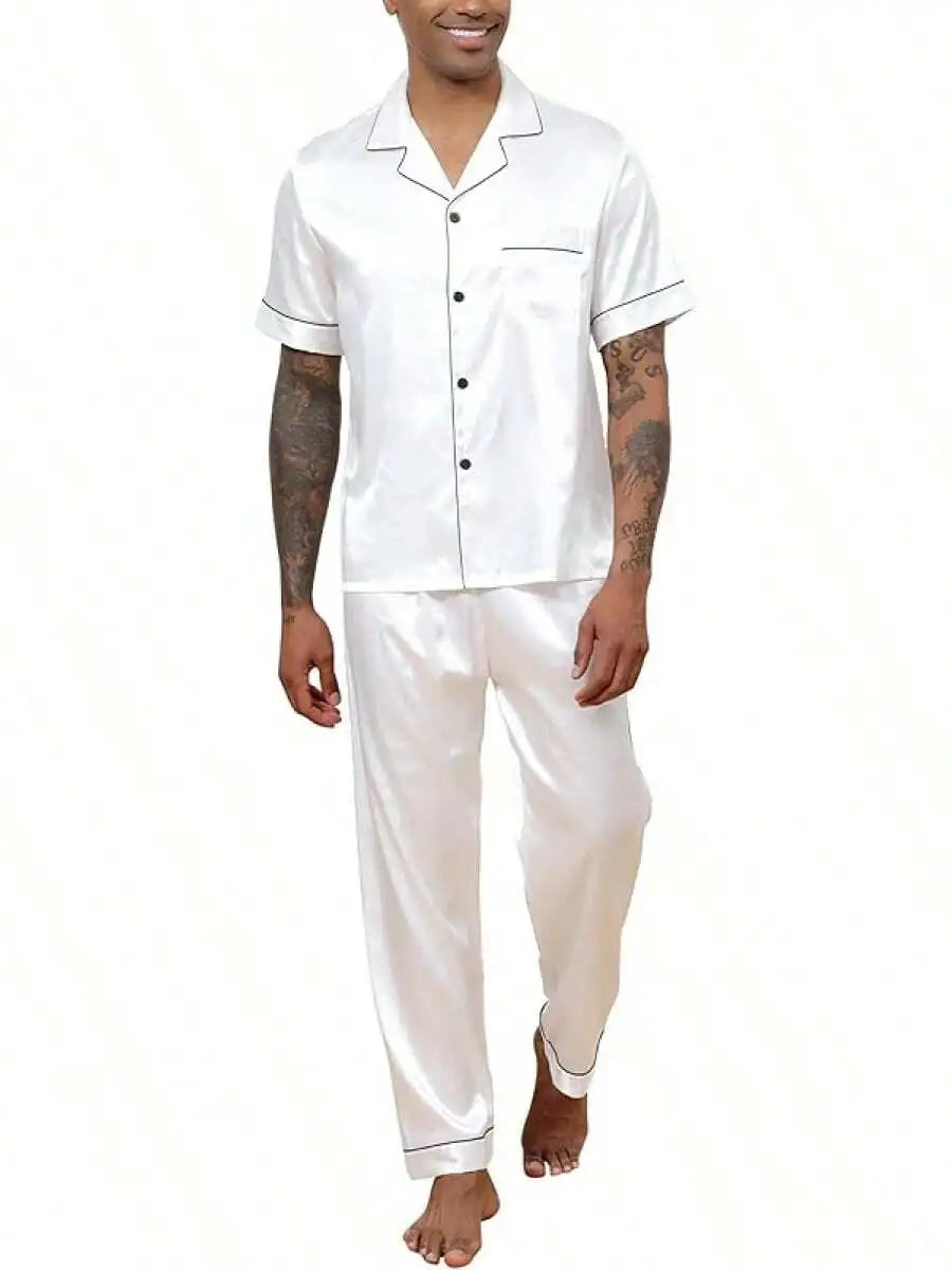 Mens Silk Satin Pajama Set Short Sleeve Button Down Loungewear