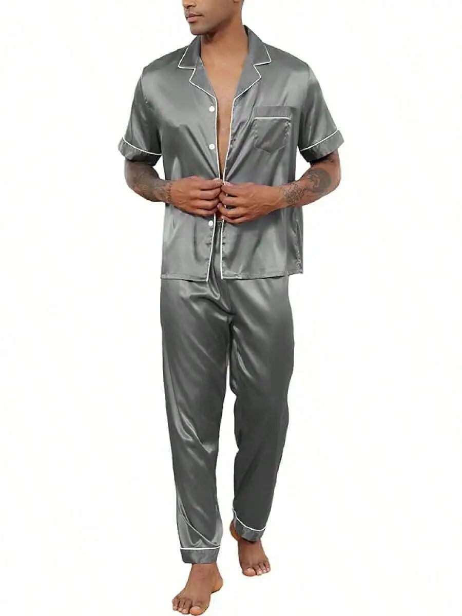 Mens Silk Satin Pajama Set Short Sleeve Button Down Loungewear