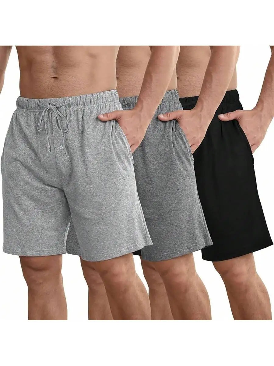 Mens Cotton Pajama Shorts 3-Pack Soft Sleepwear With Pockets