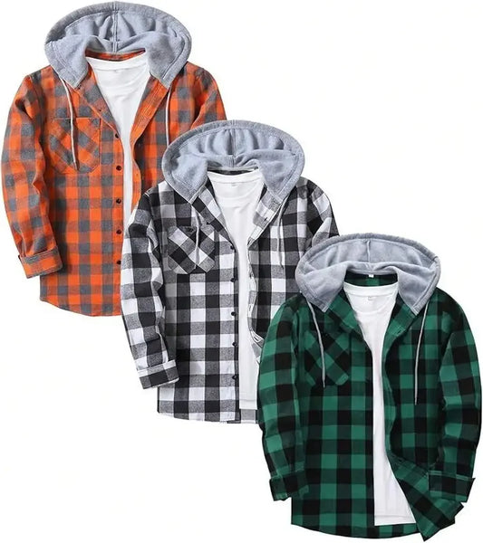 3 Pack Mens Flannel Hooded Shirt Jacket Plaid With Pocket