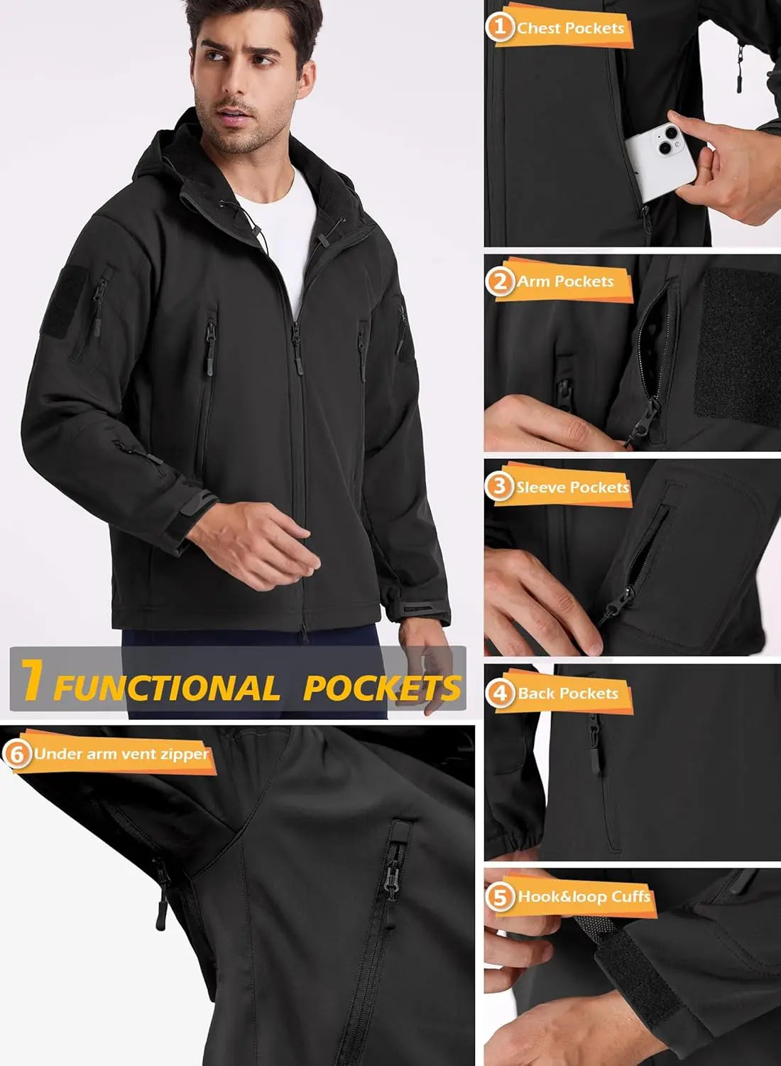 Men's Military Tactical Softshell Jacket With Fleece Hooded Coat