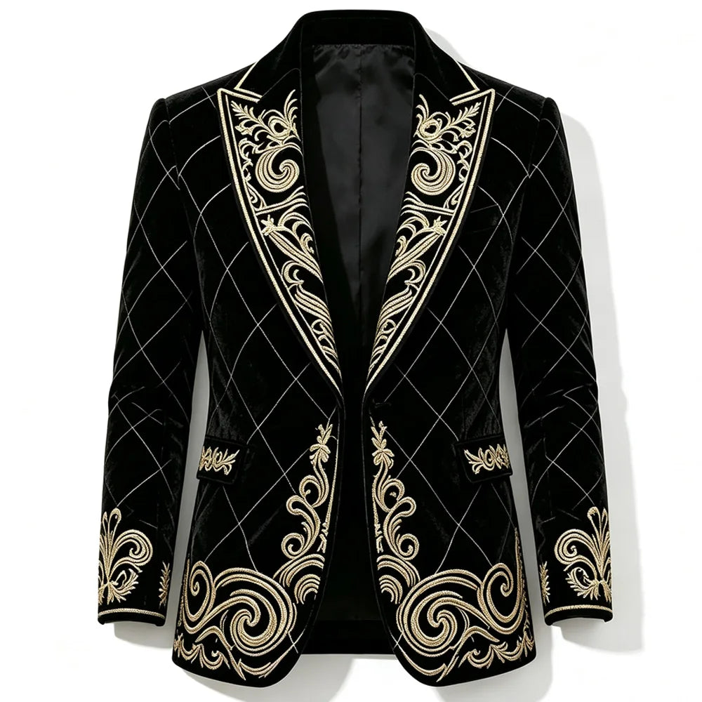 Mens Velvet Knot Embroidered Court Blazer Slim Fit Peak Lapel