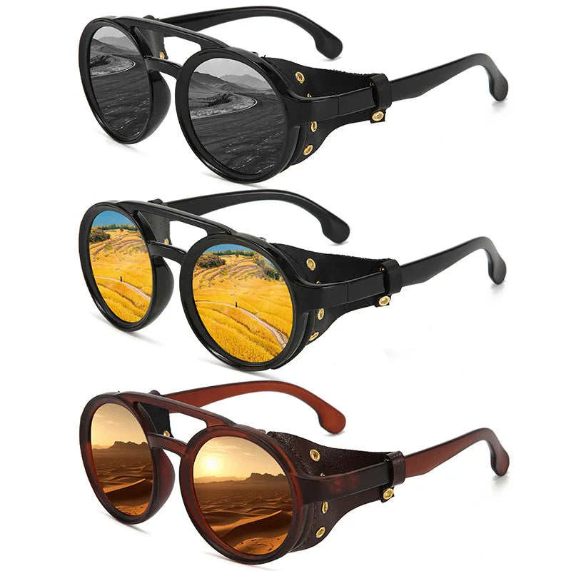 Retro Leather Round Sunglasses For Outdoor Sports UV400