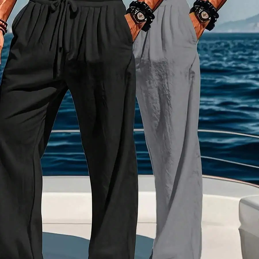 2pcs Mens Lightweight Linen Wide-Leg Drawstring Pants For Summer Beach And Leisure Wear, Machine Washable Solid Color
