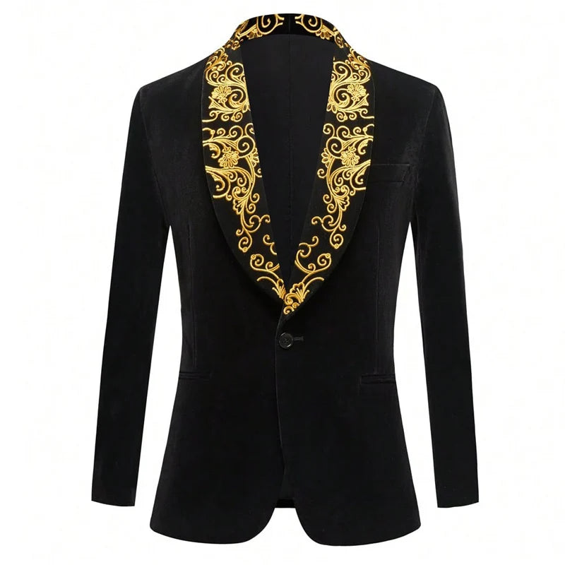 Mens Velvet Blazer With Gold Baroque Embroidery Shawl Lapel