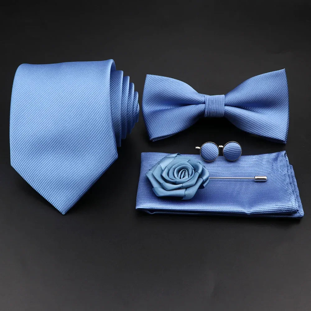 Polyester Slim Striped Tie Set With Bow Tie And Cufflinks For Groom