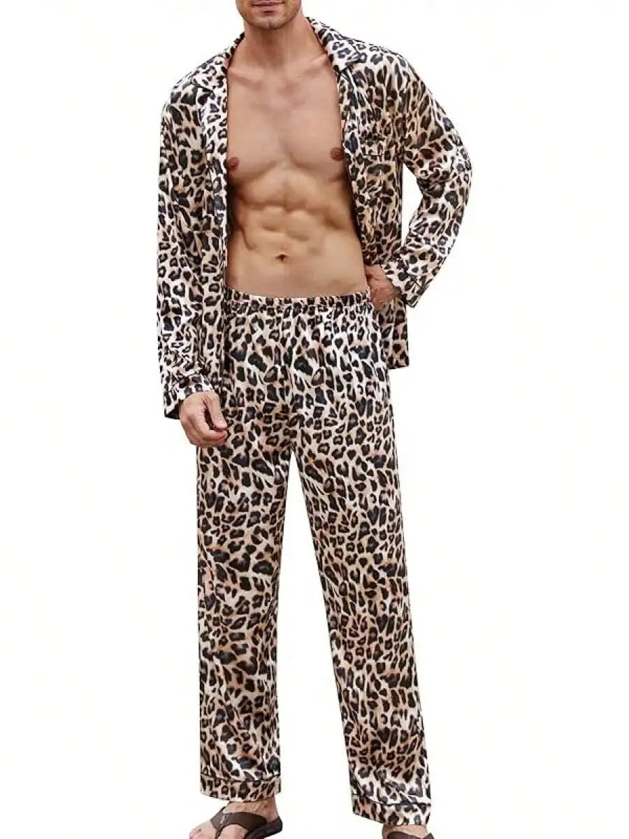 Mens Silk Satin Pajama Set Button Down Long Sleeve Loungewear With Long Pants