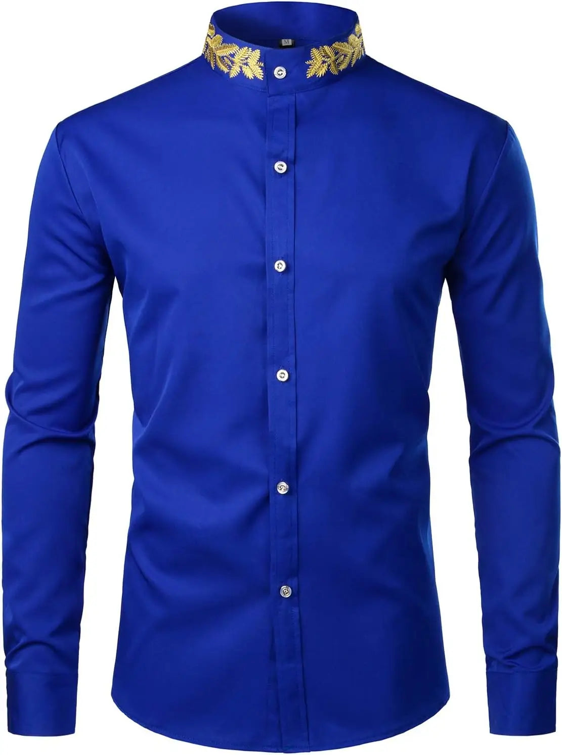 Mens Embroidery Mandarin Collar Slim Fit Long Sleeve Dress Shirt
