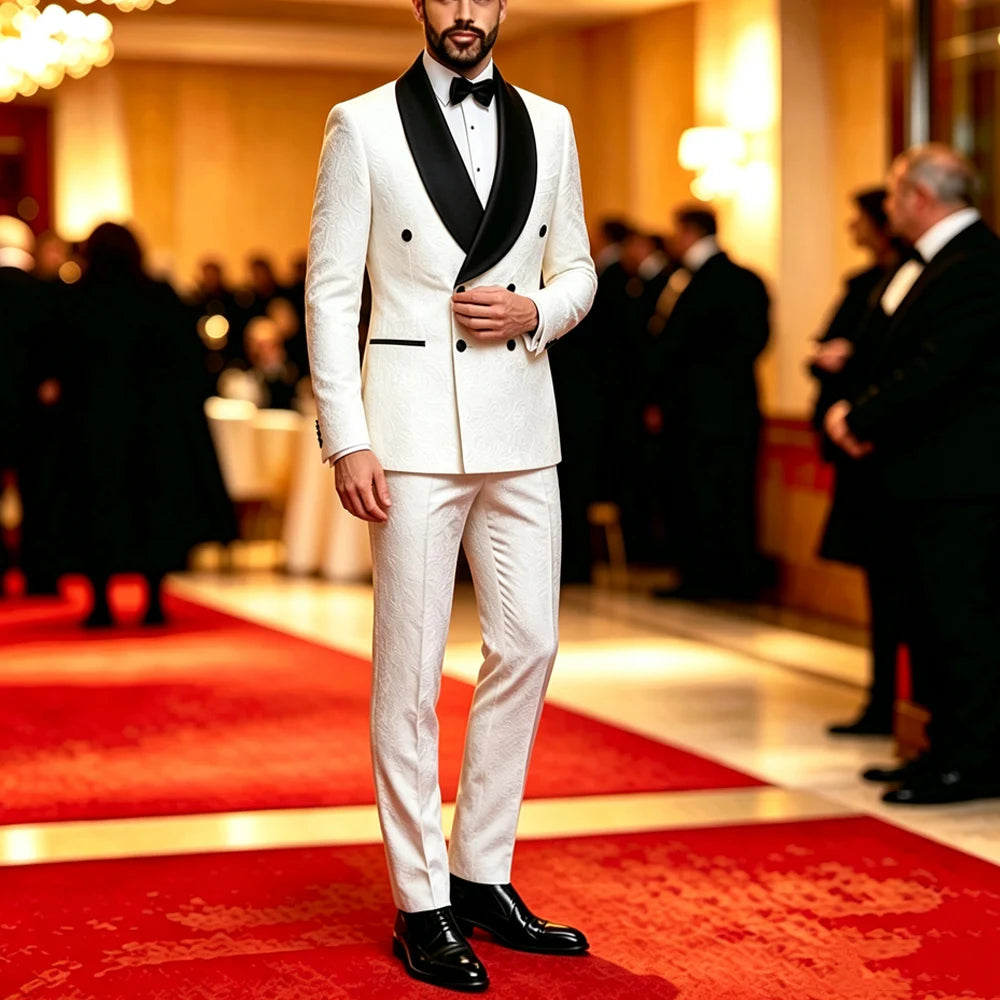 Men Double Breasted Jacquard Tuxedo Suit With Shawl Lapel