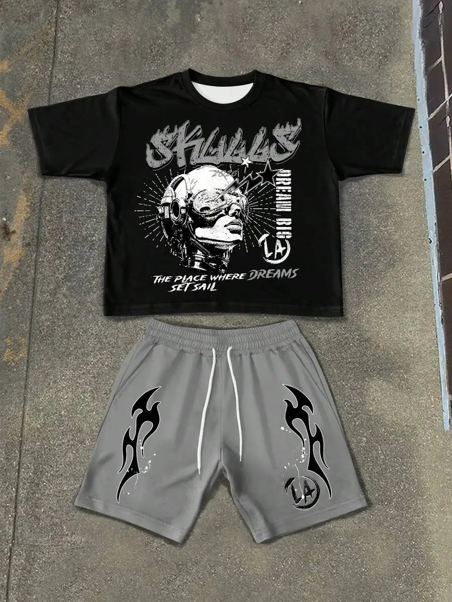 Mens Graphic Print Short Sleeve T Shirt Drawstring Shorts Set