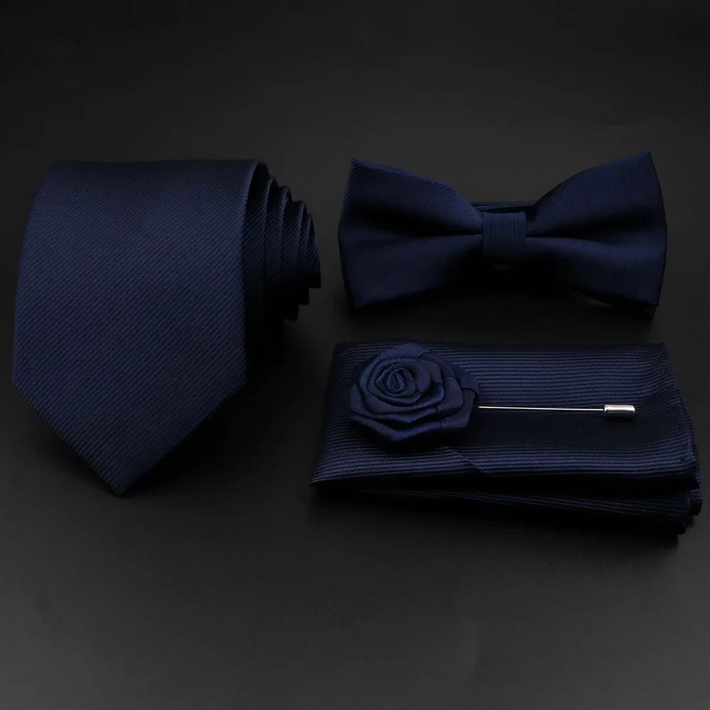 Polyester Slim Striped Tie Set With Bow Tie And Cufflinks For Groom