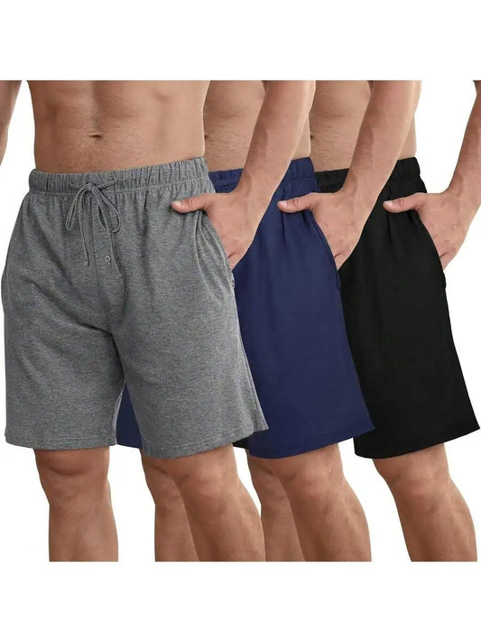 Mens Cotton Pajama Shorts 3-Pack Soft Sleepwear With Pockets
