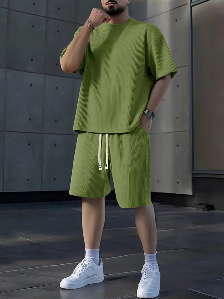 Mens Crew Neck Short Sleeve Shorts Set Breathable Sweat Absorbent
