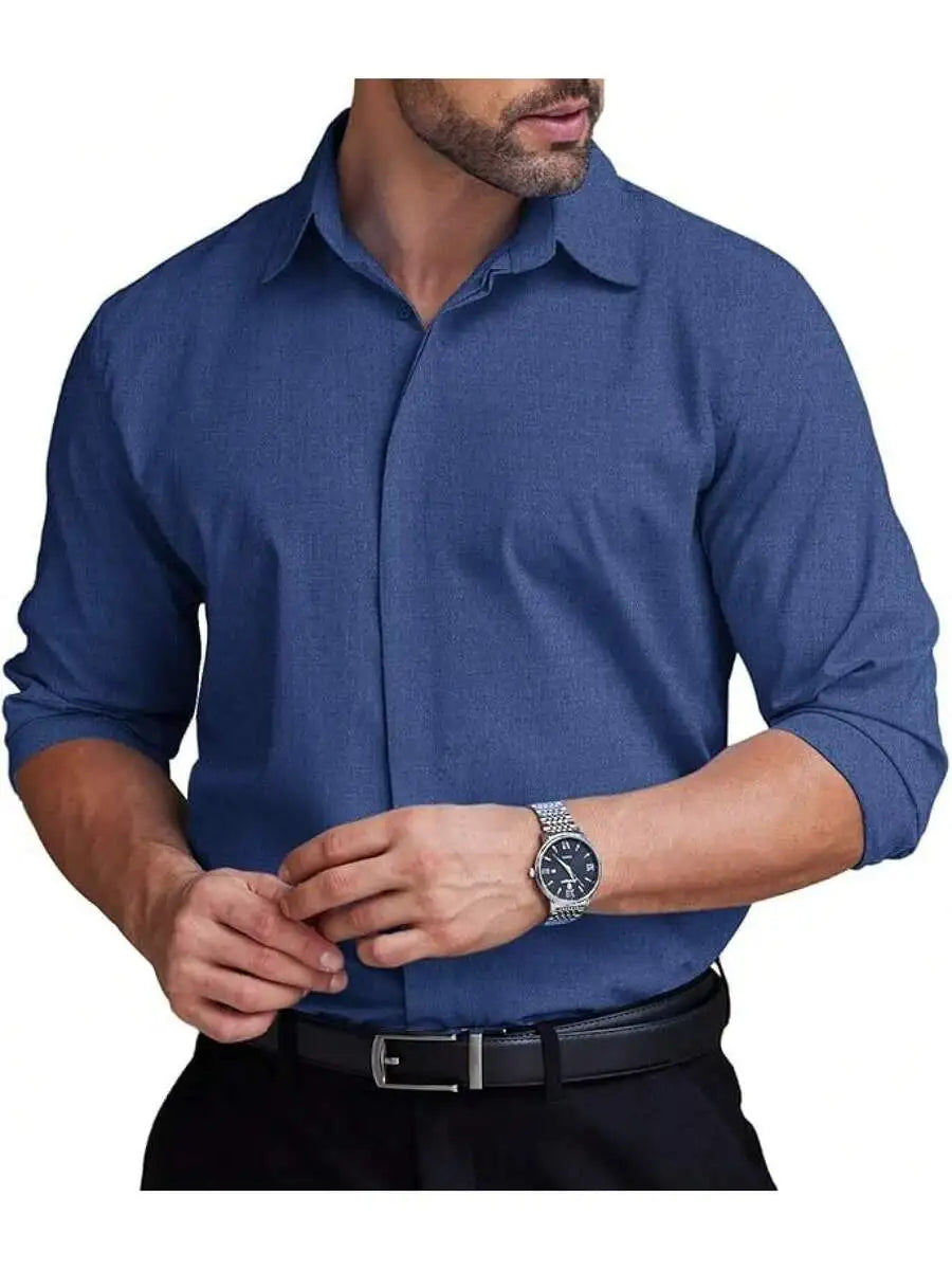 Mens Formal Dress Shirt Hidden Button Front Wrinkle Free Stretch Regular Fit