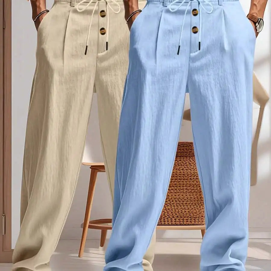 Men's Lightweight Linen Straight Leg Pants For Casual Beachwear